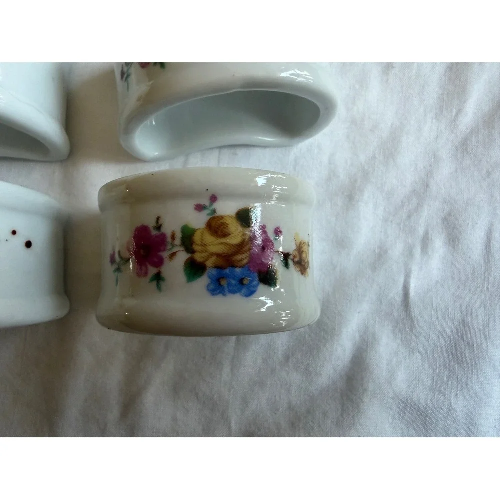 Vintage Genuine Porcelain Floral Napkin Rings D-Shape Set of 4 White Multicolor